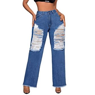 Women's Ripped Jeans High Waist Wide Leg Trousers Destroyed Denim Pants for Women with Pockets
