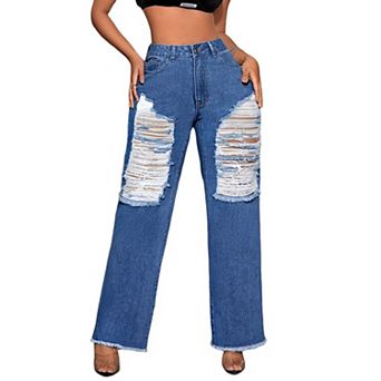 Women's Ripped Jeans High Waist Wide Leg Trousers Destroyed Denim Pants for Women with Pockets