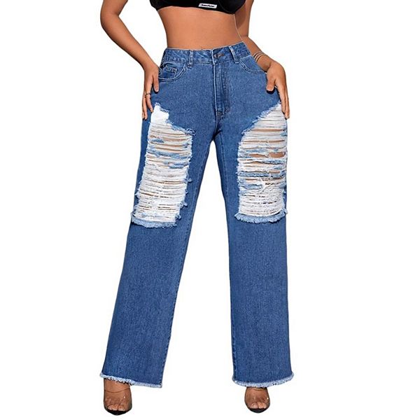 Women's Ripped Jeans High Waist Wide Leg Trousers Destroyed Denim