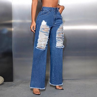 Women's Ripped Jeans High Waist Wide Leg Trousers Destroyed Denim