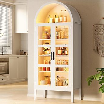 70" Tall Arched Kitchen Pantry Cabinet with LED Lights, Modern Wood Arched Bookshelf