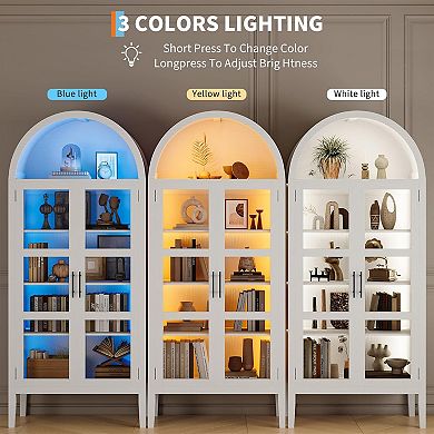 70" Tall Arched Kitchen Pantry Cabinet with LED Lights, Modern Wood Arched Bookshelf