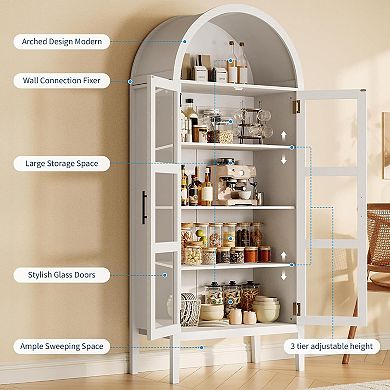 70" Tall Arched Kitchen Pantry Cabinet with LED Lights, Modern Wood Arched Bookshelf