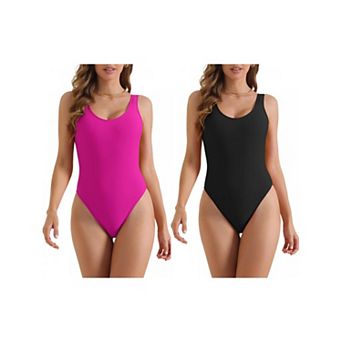 2 Packs Women's Solid Scoop Neck Bikini, 1 pc Wide Strap Low Back Slimming Monokini Bathing Suit