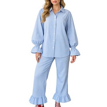 Women's Gingham Button Down Pajama Set with Long Sleeve Collared Top and Ruffle Hem Wide Leg Pants