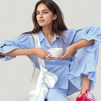 Women's Gingham Button Down Pajama Set with Long Sleeve Collared Top and Ruffle Hem Wide Leg Pants