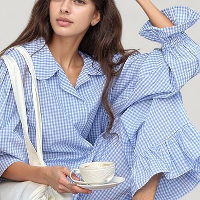 Women's Gingham Button Down Pajama Set with Long Sleeve Collared Top and Ruffle Hem Wide Leg Pants