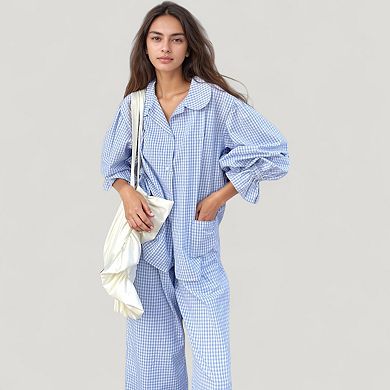 Women's Gingham Button Down Pajama Set with Long Sleeve Collared Top and Ruffle Hem Wide Leg Pants