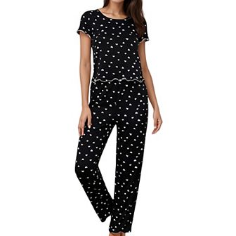 Women's Heart Print Pajama Set with Short Sleeve Lettuce Trim Top and Full-Length Pants
