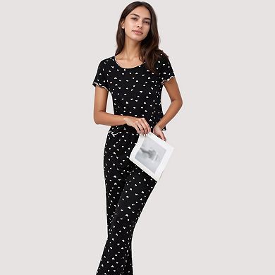 Women's Heart Print Pajama Set with Short Sleeve Lettuce Trim Top and Full-Length Pants