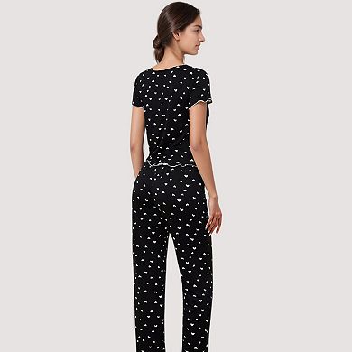 Women's Heart Print Pajama Set with Short Sleeve Lettuce Trim Top and Full-Length Pants