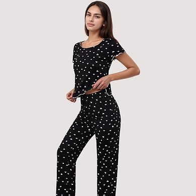 Women's Heart Print Pajama Set with Short Sleeve Lettuce Trim Top and Full-Length Pants