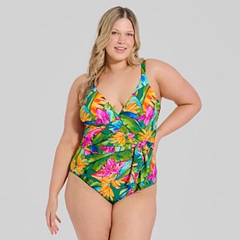 Plus Size Freshwater Sash Crossover One-Piece Swimsuit