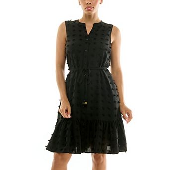 Women's Nina Leonard Mandarin Collar Dress Button-Front Ruffle Hem Dress
