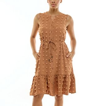 Women's Nina Leonard Mandarin Collar Dress Button-Front Ruffle Hem Dress