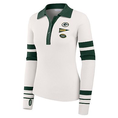 Women's WEAR by Erin Andrews White Green Bay Packers Ribbed Henley Polo