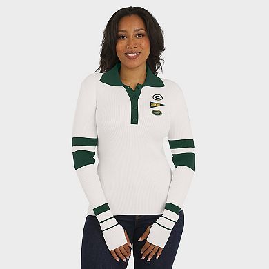 Women's WEAR by Erin Andrews White Green Bay Packers Ribbed Henley Polo