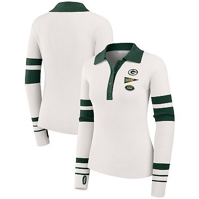 Women's WEAR by Erin Andrews White Green Bay Packers Ribbed Henley Polo