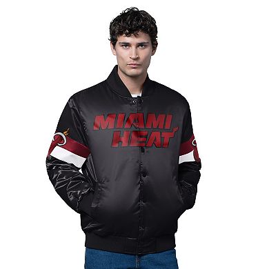 Men's Starter Black Miami Heat Triple Option Varsity Full-Snap Satin Jacket
