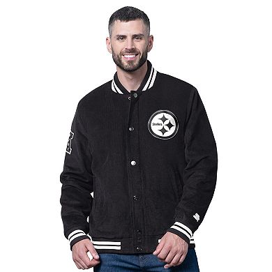 Men's Starter Black Pittsburgh Steelers Blackout Corduroy Full-Snap Varsity Jacket