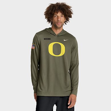 Men's Nike Olive Oregon Ducks 2025 Military Appreciation Dri-FIT Long Sleeve Hoodie T-Shirt