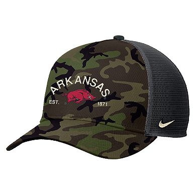 Men's Nike Camo Arkansas Razorbacks 2025 Military Appreciation Rise Adjustable Trucker Hat