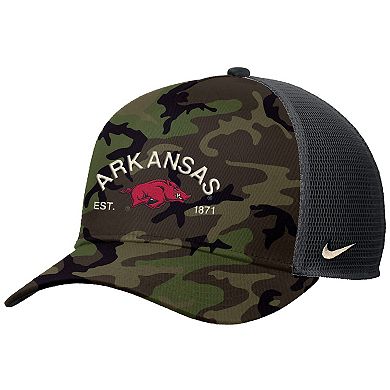 Men's Nike Camo Arkansas Razorbacks 2025 Military Appreciation Rise Adjustable Trucker Hat