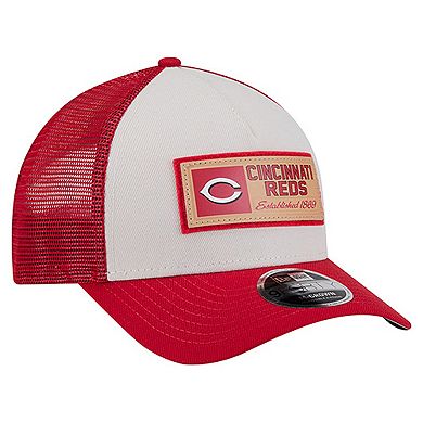 Men's New Era Stone/Red Cincinnati Reds Text A-Frame Trucker 9FORTY Hat
