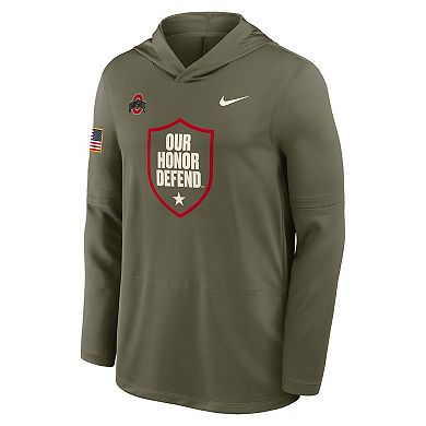 Men's Nike Olive Ohio State Buckeyes 2025 Military Appreciation Dri-FIT Long Sleeve Hoodie T-Shirt
