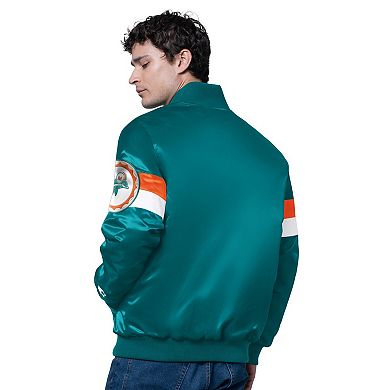 Men's Starter Aqua Miami Dolphins Triple Option Satin Varsity Vintage Logo Full-Snap Jacket