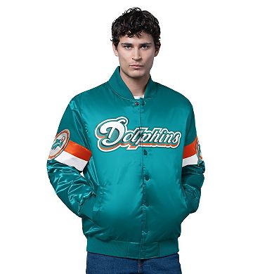 Men's Starter Aqua Miami Dolphins Triple Option Satin Varsity Vintage Logo Full-Snap Jacket