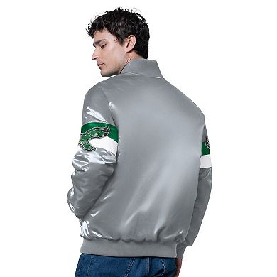 Men's Starter Silver Philadelphia Eagles Triple Option Satin Varsity Vintage Logo Full-Snap Jacket