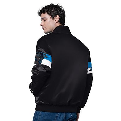 Men's Starter Black Carolina Panthers Triple Option Satin Varsity Full-Snap Jacket