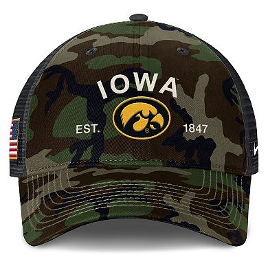 Men's Nike Camo Iowa Hawkeyes 2025 Military Appreciation Rise Adjustable Trucker Hat