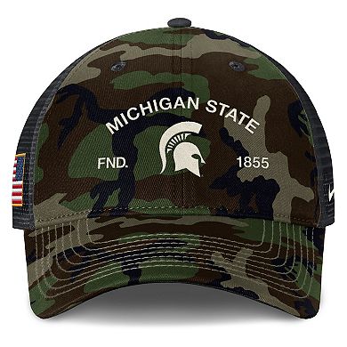 Men's Nike Camo Michigan State Spartans 2025 Military Appreciation Rise Adjustable Trucker Hat