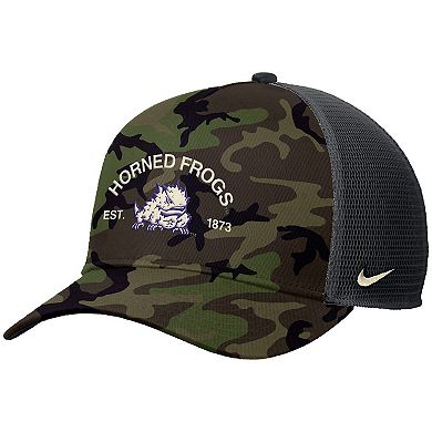 Men's Nike Camo TCU Horned Frogs 2025 Military Appreciation Rise Adjustable Trucker Hat