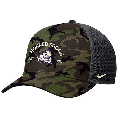 Men's Nike Camo TCU Horned Frogs 2025 Military Appreciation Rise Adjustable Trucker Hat