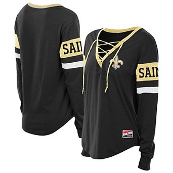 Women's New Era Black New Orleans Saints Plus Size Throwback Lace-Up Long Sleeve T-Shirt