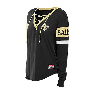 Women's New Era Black New Orleans Saints Plus Size Throwback Lace-Up Long Sleeve T-Shirt