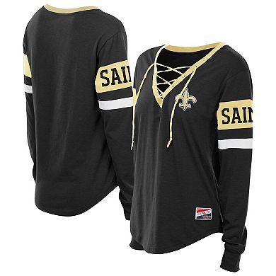 Women's New Era Black New Orleans Saints Plus Size Throwback Lace-Up Long Sleeve T-Shirt