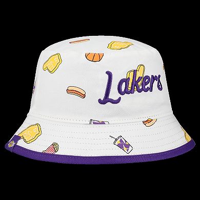Men's New Era White Los Angeles Lakers Team Cheer Reversible Bucket Hat