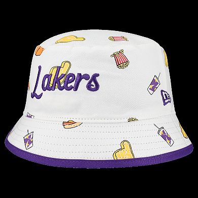 Men's New Era White Los Angeles Lakers Team Cheer Reversible Bucket Hat