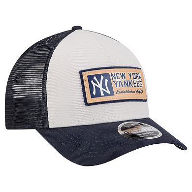Men's New Era Stone/Navy New York Yankees Text A-Frame Trucker 9FORTY Hat