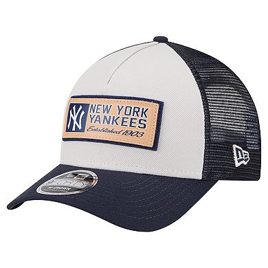 Men's New Era Stone/Navy New York Yankees Text A-Frame Trucker 9FORTY Hat