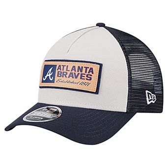 Men's New Era Stone/Navy Atlanta Braves Text A-Frame Trucker 9FORTY Hat