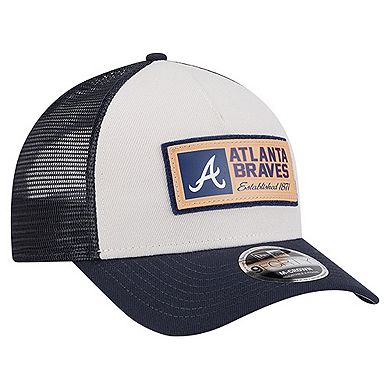 Men's New Era Stone/Navy Atlanta Braves Text A-Frame Trucker 9FORTY Hat