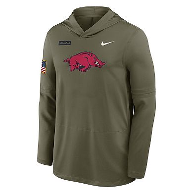 Men's Nike Olive Arkansas Razorbacks 2025 Military Appreciation Dri-FIT Long Sleeve Hoodie T-Shirt