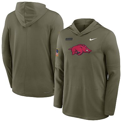 Men's Nike Olive Arkansas Razorbacks 2025 Military Appreciation Dri-FIT Long Sleeve Hoodie T-Shirt