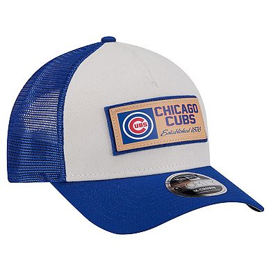 Men's New Era Stone/Royal Chicago Cubs Text A-Frame Trucker 9FORTY Hat