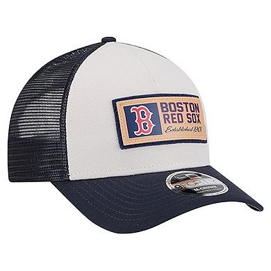 Men's New Era Stone/Navy Boston Red Sox Text A-Frame Trucker 9FORTY Hat